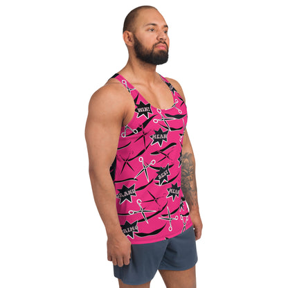 Mens tank top in pink and black with retro pro wrestling gear themes. Wrestling cosplay outfit for guys, Halloween, festivals, rave parties, clubbing. Scissors and slashes with cartoon exclamations.