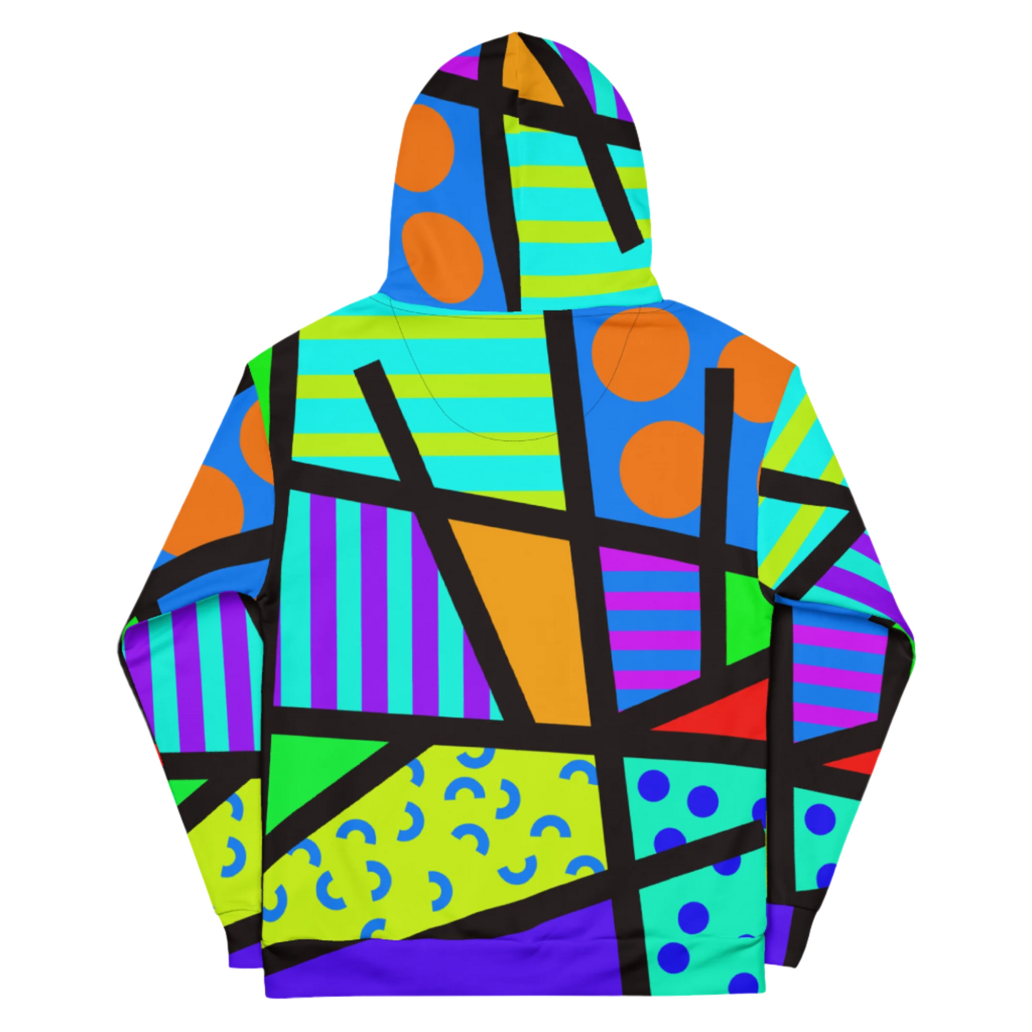 Rainbow geometric patterned unisex hoodie in vibrant colors. Black ties, kangaroo pocket, long sleeves