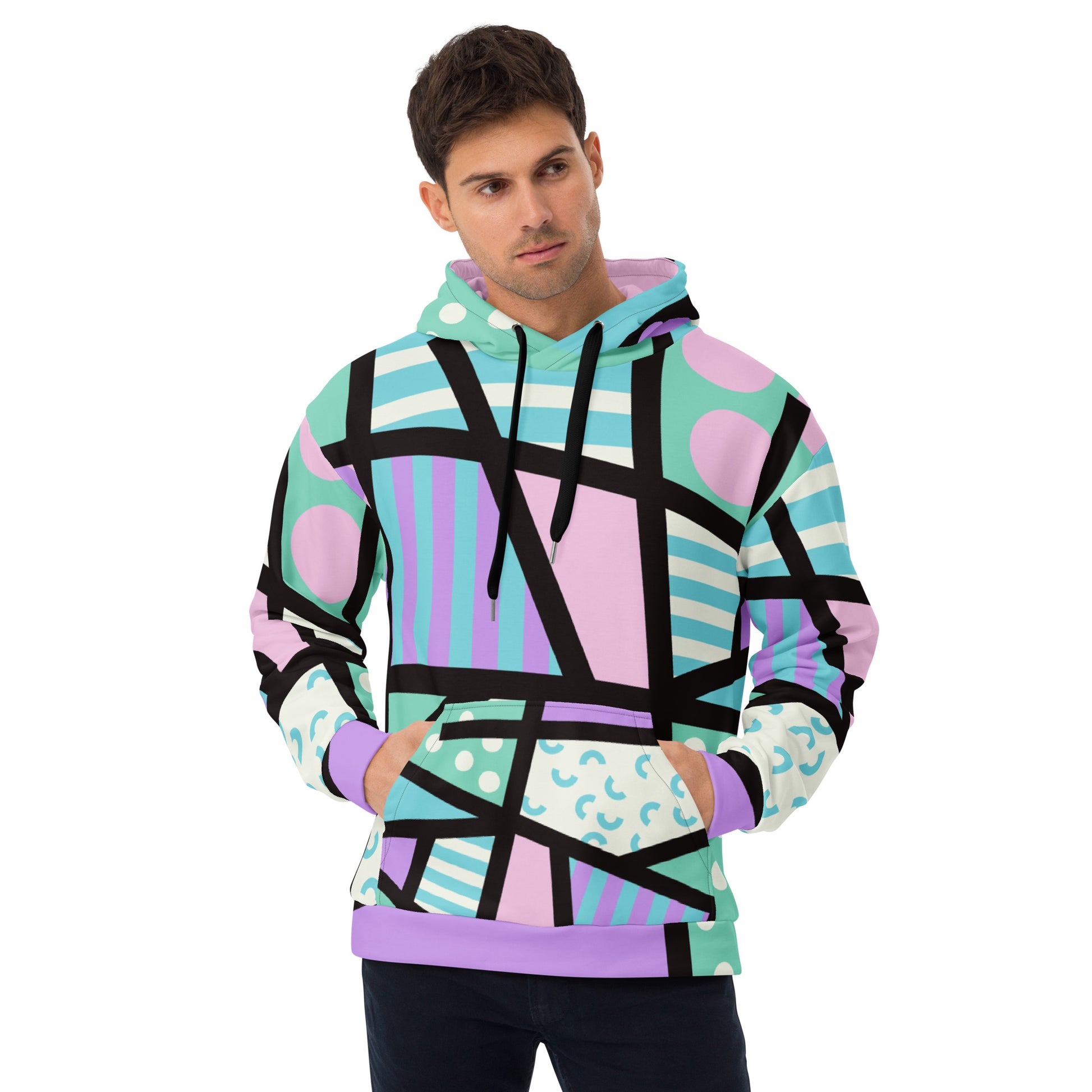 Pastel geometric patterned unisex hoodie in vibrant colors. Black ties, kangaroo pocket, long sleeves. Pastel goth vibes.