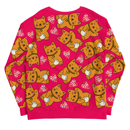 Unisex Sweatshirt, Kawaii Cats and Hearts - Hot Pink