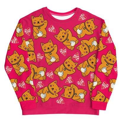 Unisex Sweatshirt, Kawaii Cats and Hearts - Hot Pink