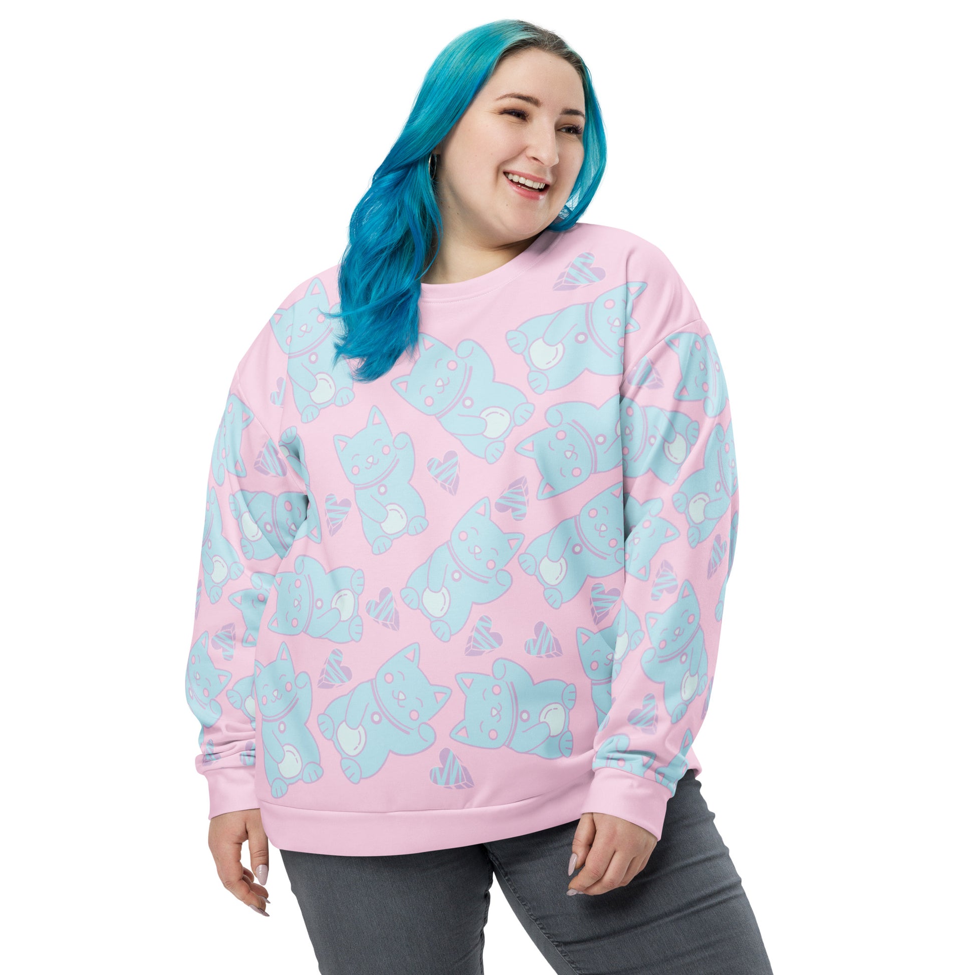 Pastel punk anime Harajuku neko cats in blue against a pink background on this sweater by BillingtonPix