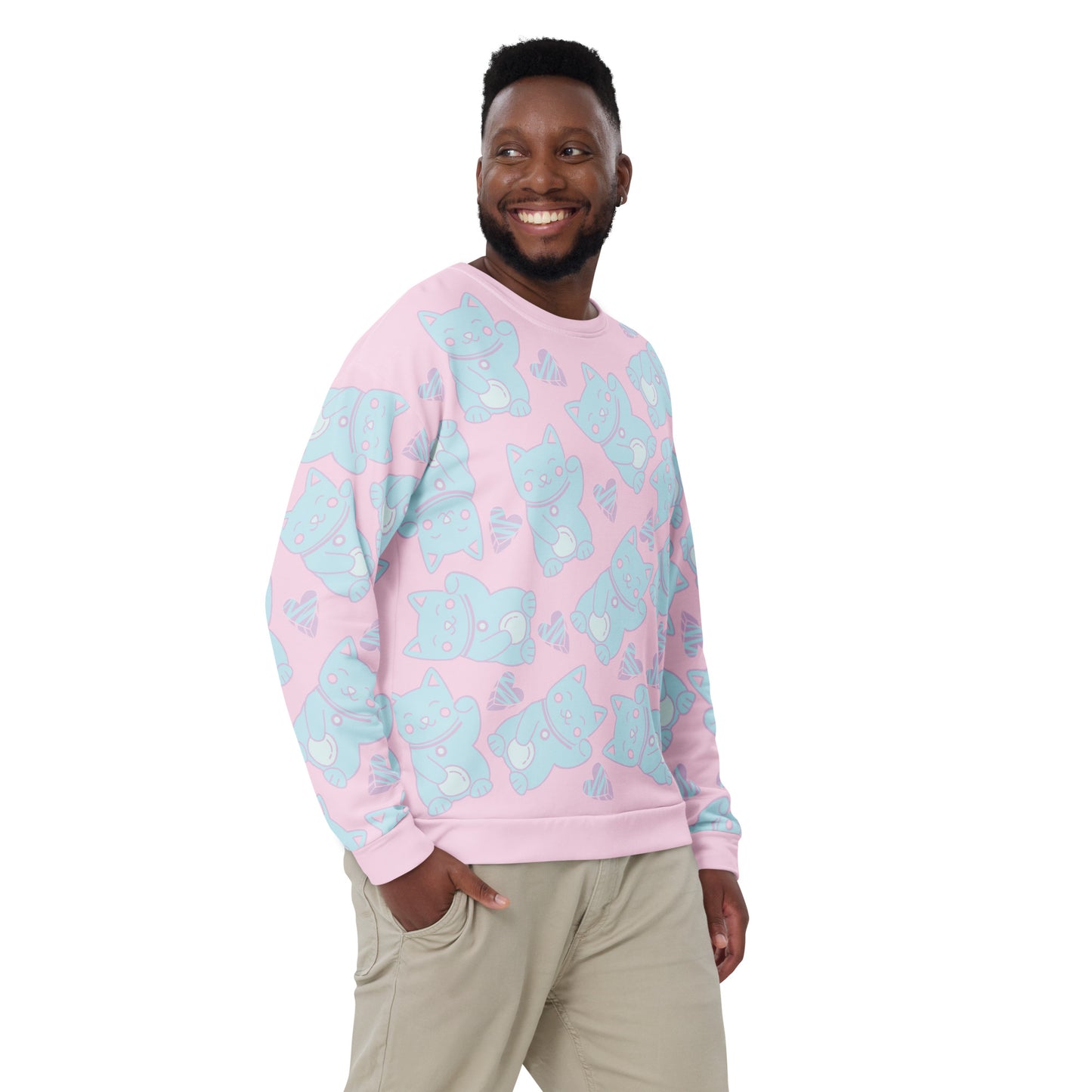 Pastel punk anime Harajuku neko cats in blue against a pink background on this sweater by BillingtonPix