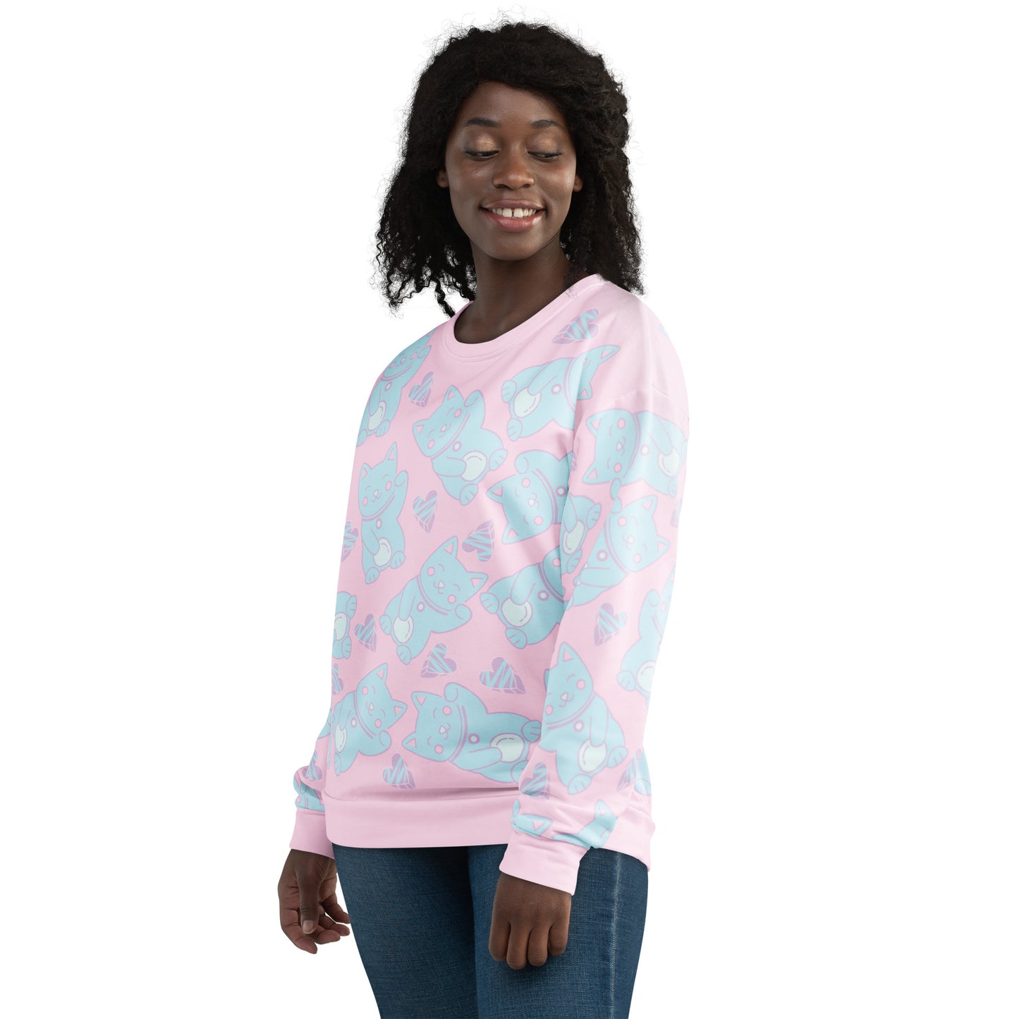 Pastel punk anime Harajuku neko cats in blue against a pink background on this sweater by BillingtonPix