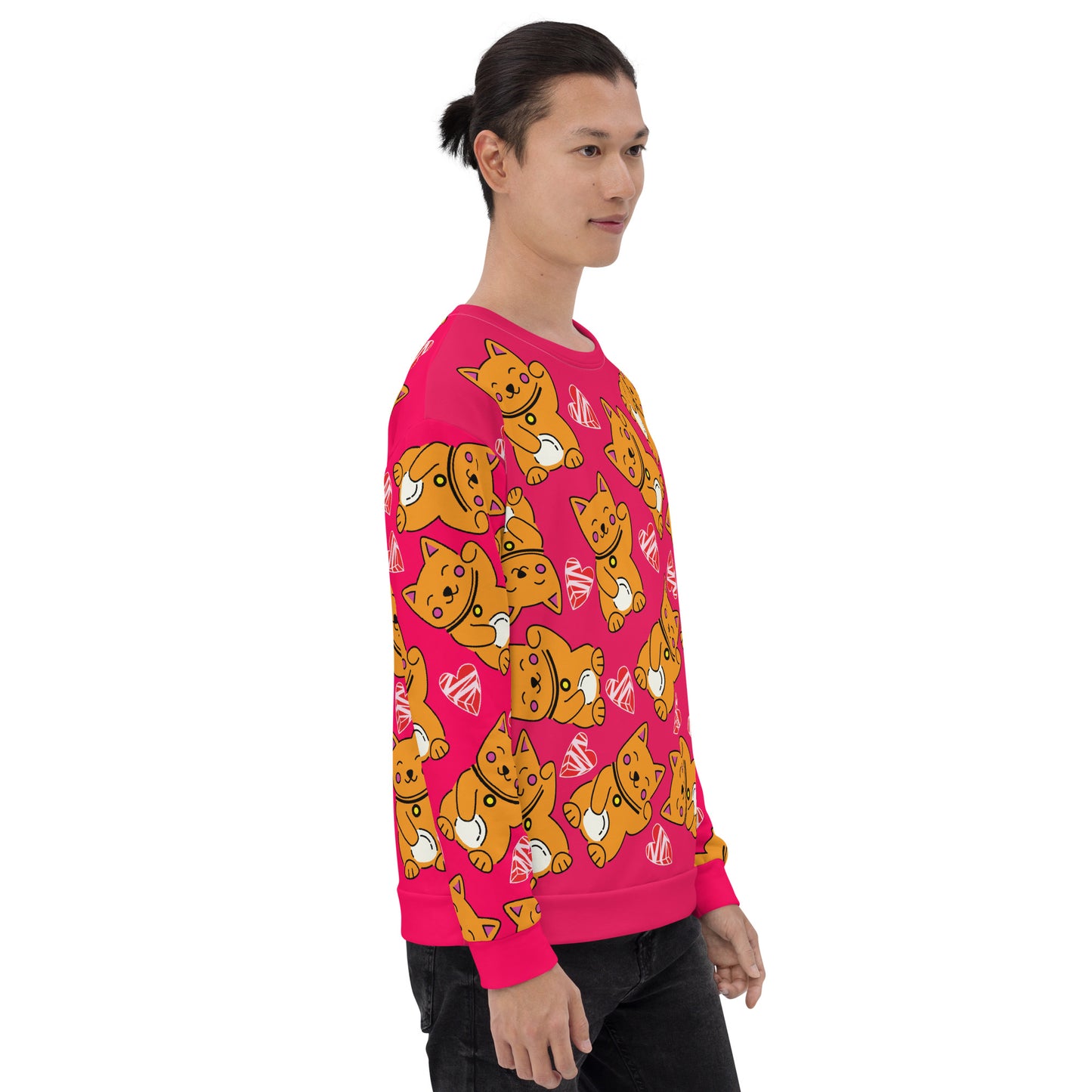 Unisex Sweatshirt, Kawaii Cats and Hearts - Hot Pink