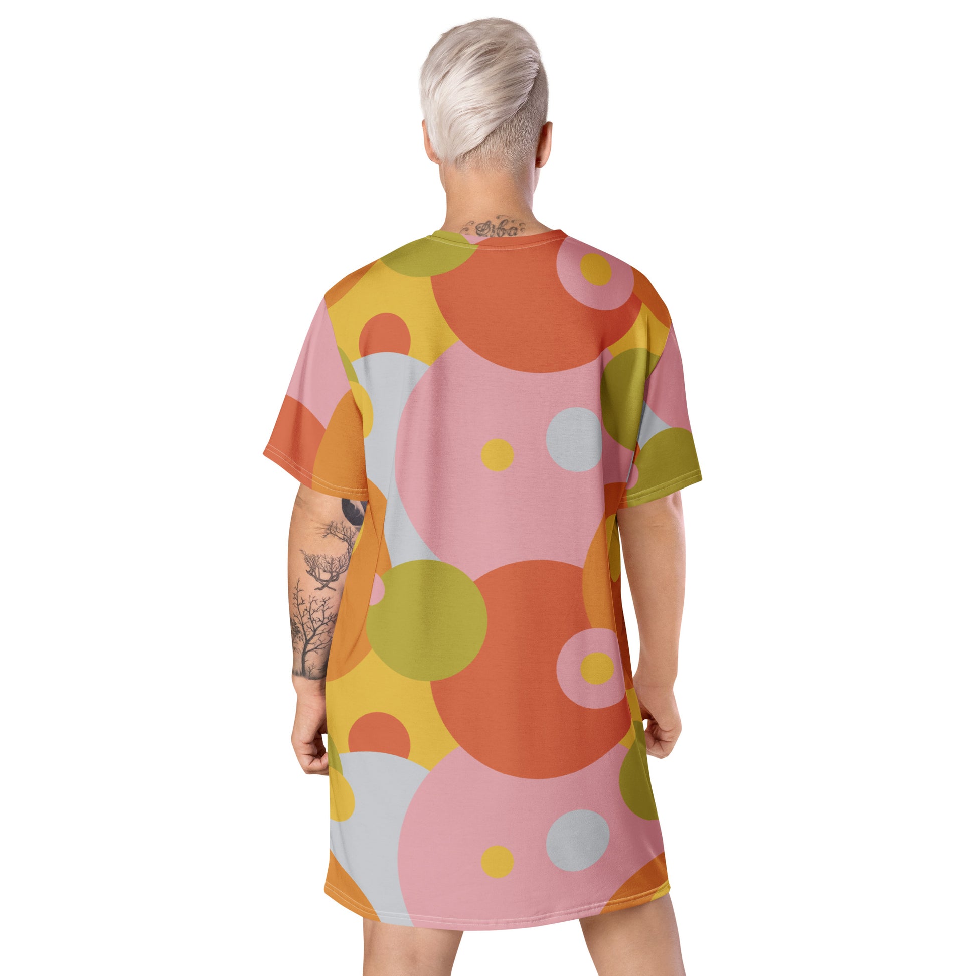 Retro Groovy Patterned T-shirt Dress | 60s 70s Style Abstract Circular Summer Fashion | Harajuku Pastel Punk Alt JFashion. Soft pastel punk geometric circles all over print design shirt dress in bold fun summer vibes. Circular 2D 80s Memphis style.