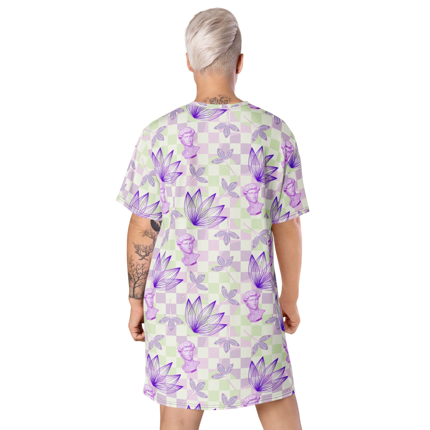 Pastel Floral Geometric whimsigoth Style T-shirt Dress | Vapowave Clothing | Botanical Shirtdress | Retrowave Streetwear Fashion. Michelangelo David status with flowers on checked design in purple and lime green