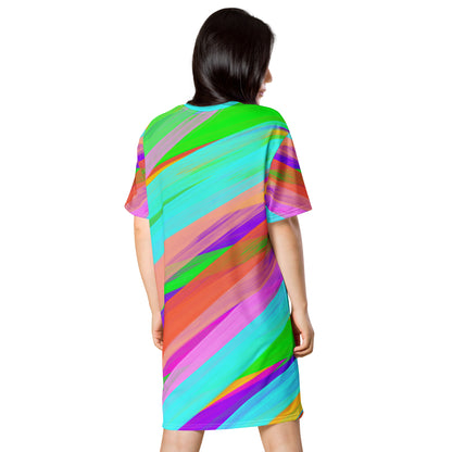 Harajuku oversize t-shirt dress in hedeko kei bright colourful paint stripes. Wearable art. Yume kawaii fashion, clubbing outfit. Strpy ravewear and clubbing outfit. Rainbowcore aesthetic