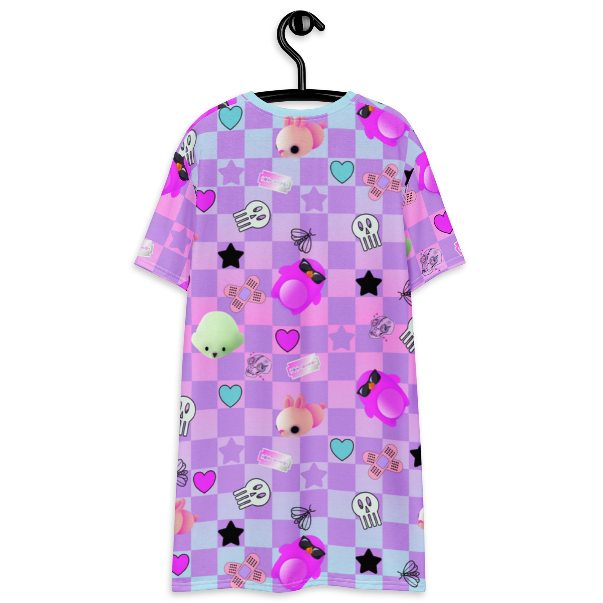 Menhera kei dress in pastel goth style with yami kawaii jfashion harajuku pattern of skulls, razor blades and sticking plasters mixed with yume kawaii cute motifs of mochi penguins, seals and mice against a pastel checked or chequered background.