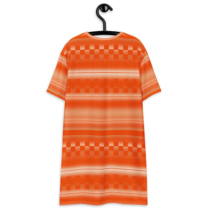 all-over print graphic t-shirt dress with an orange geometric and linear pattern