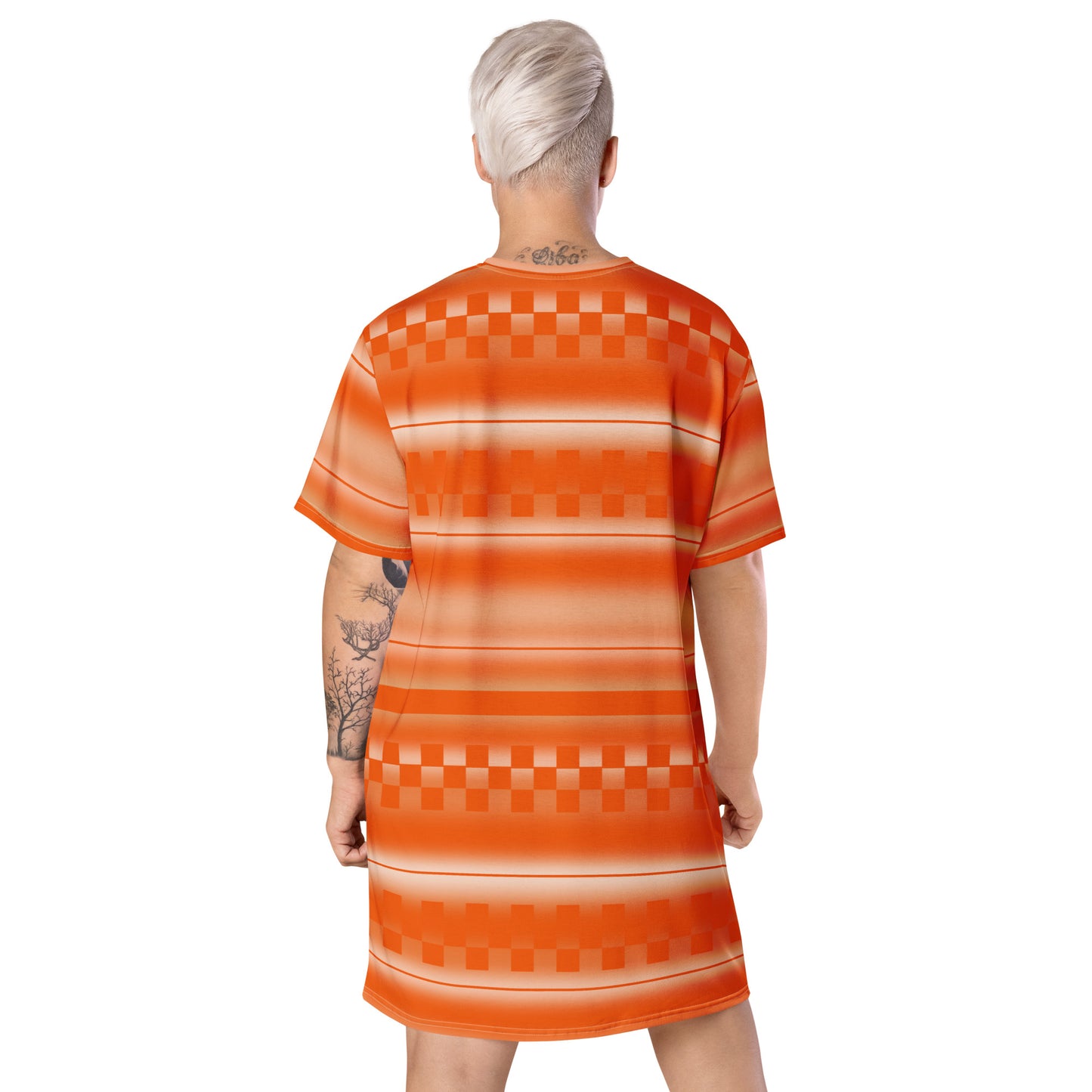 all-over print graphic t-shirt dress with an orange geometric and linear pattern