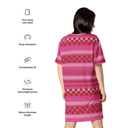 Cute all-over print graphic t-shirt dress with an cherry pink geometric and linear pattern.