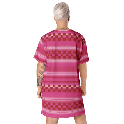 Cute all-over print graphic t-shirt dress with an cherry pink geometric and linear pattern.