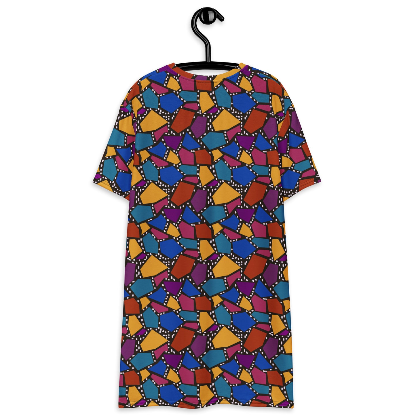 Striking geometric patterned t-shirt dress in a vibrant futuristic Synthwave colour palette against a black and white dotted background. Available here in a muted rainbow style.