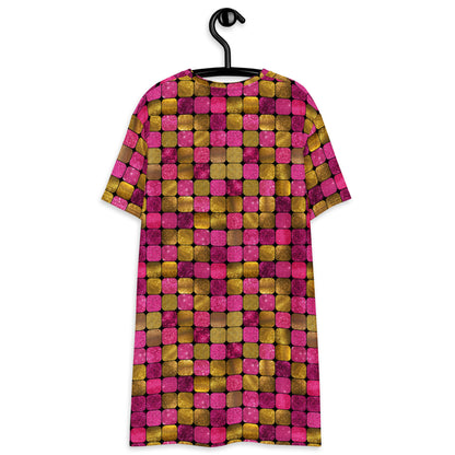 Glamorous disco style t-shirt dress with geometric pink gold glitter effect. For anyone who loves to perform and show off their unique personality. Retro style alternative fa