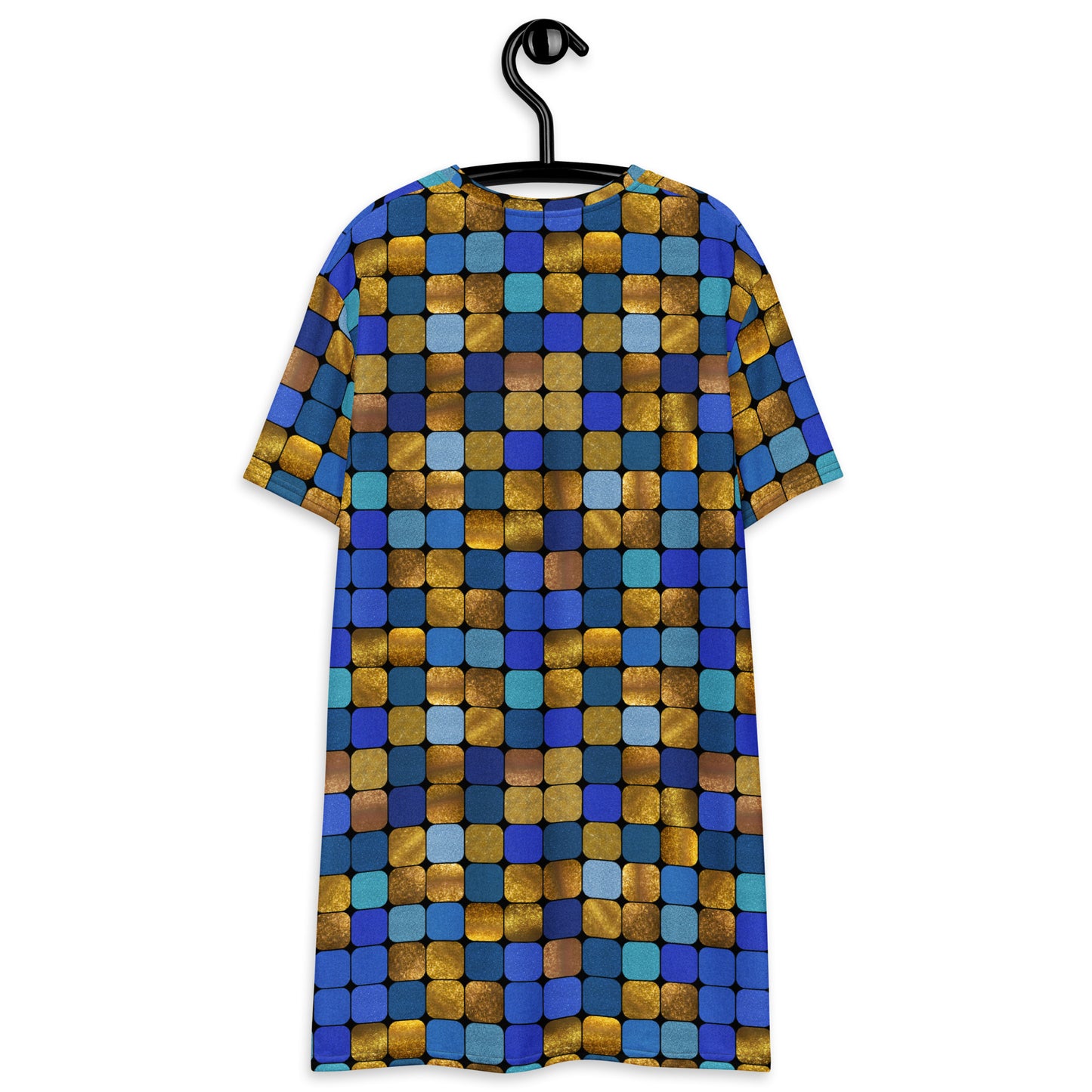 Glamorous disco style t-shirt dress with geometric blue gold glitter effect. For anyone who loves to perform and show off their unique personality. Retro style alternative fashion.