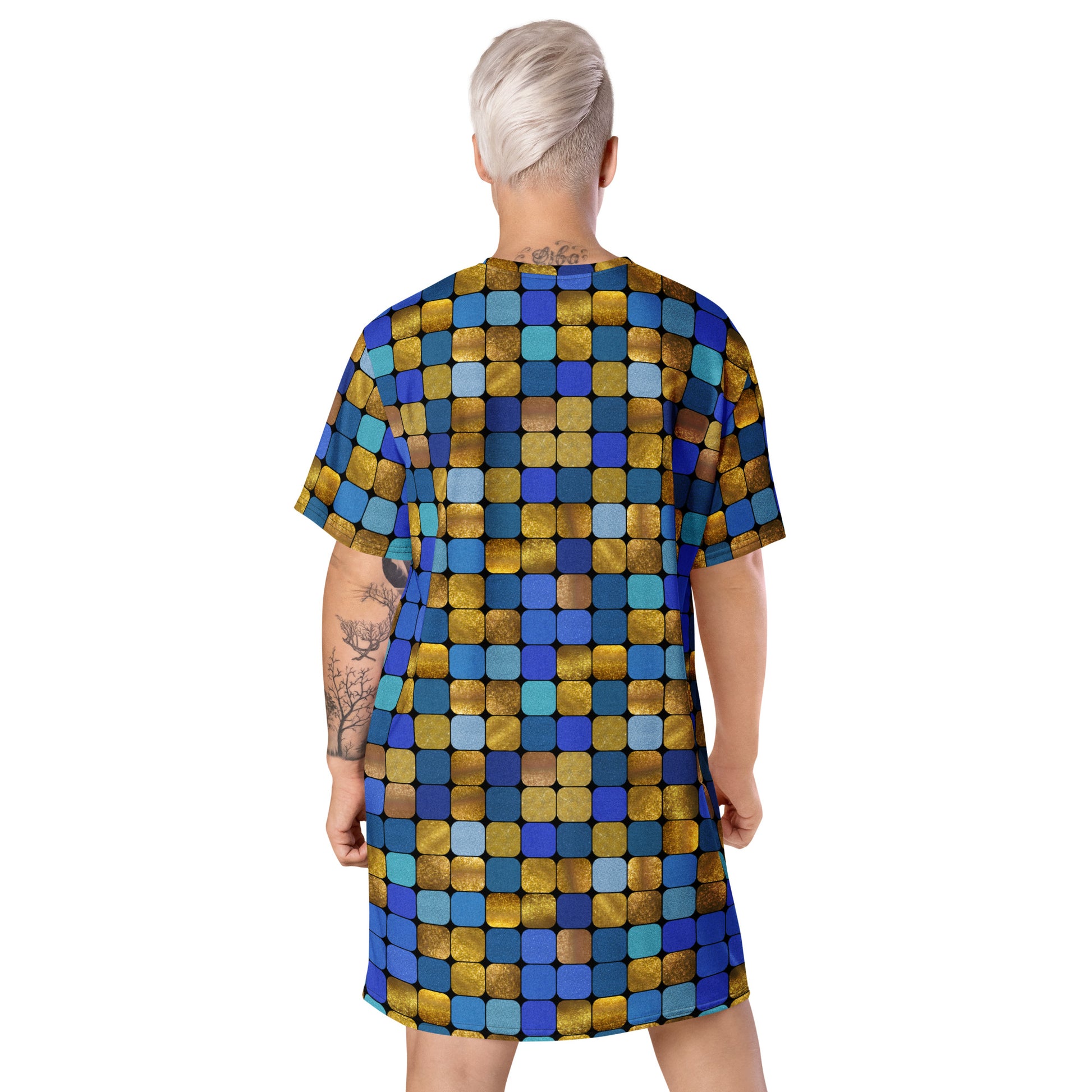 Glamorous disco style t-shirt dress with geometric blue gold glitter effect. For anyone who loves to perform and show off their unique personality. Retro style alternative fashion.