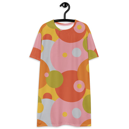 Retro Groovy Patterned T-shirt Dress | 60s 70s Style Abstract Circular Summer Fashion | Harajuku Pastel Punk Alt JFashion. Soft pastel punk geometric circles all over print design shirt dress in bold fun summer vibes. Circular 2D 80s Memphis style.