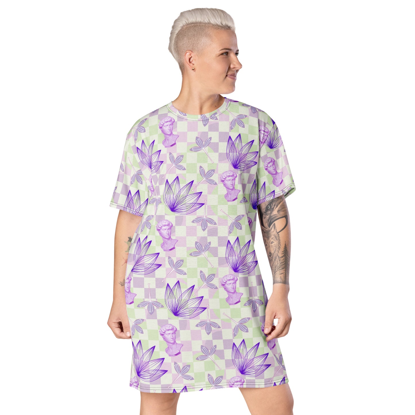 Pastel Floral Geometric whimsigoth Style T-shirt Dress | Vapowave Clothing | Botanical Shirtdress | Retrowave Streetwear Fashion. Michelangelo David status with flowers on checked design in purple and lime green