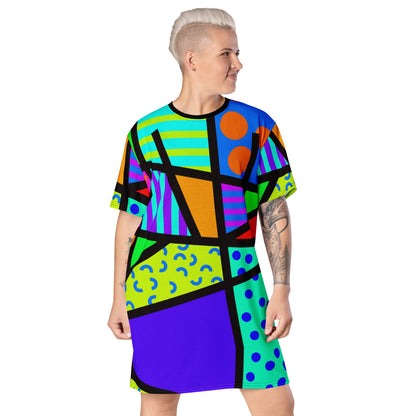 Crazy geometric patterned t-shirt dress in a Harajuku fashion style with Pop Kei, Kedeko Kei and Yume Kawaii vibes. Colorful patterns on this unique Decora Kei streetwear or otherwise night shirt fashion staple by BillingtonPix