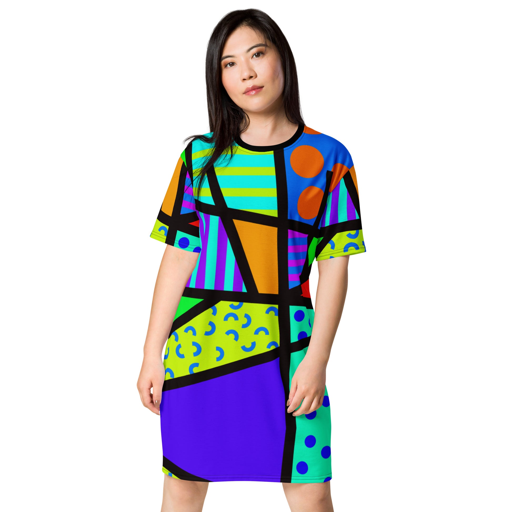 Crazy geometric patterned t-shirt dress in a Harajuku fashion style with Pop Kei, Kedeko Kei and Yume Kawaii vibes. Colorful patterns on this unique Decora Kei streetwear or otherwise night shirt fashion staple by BillingtonPix