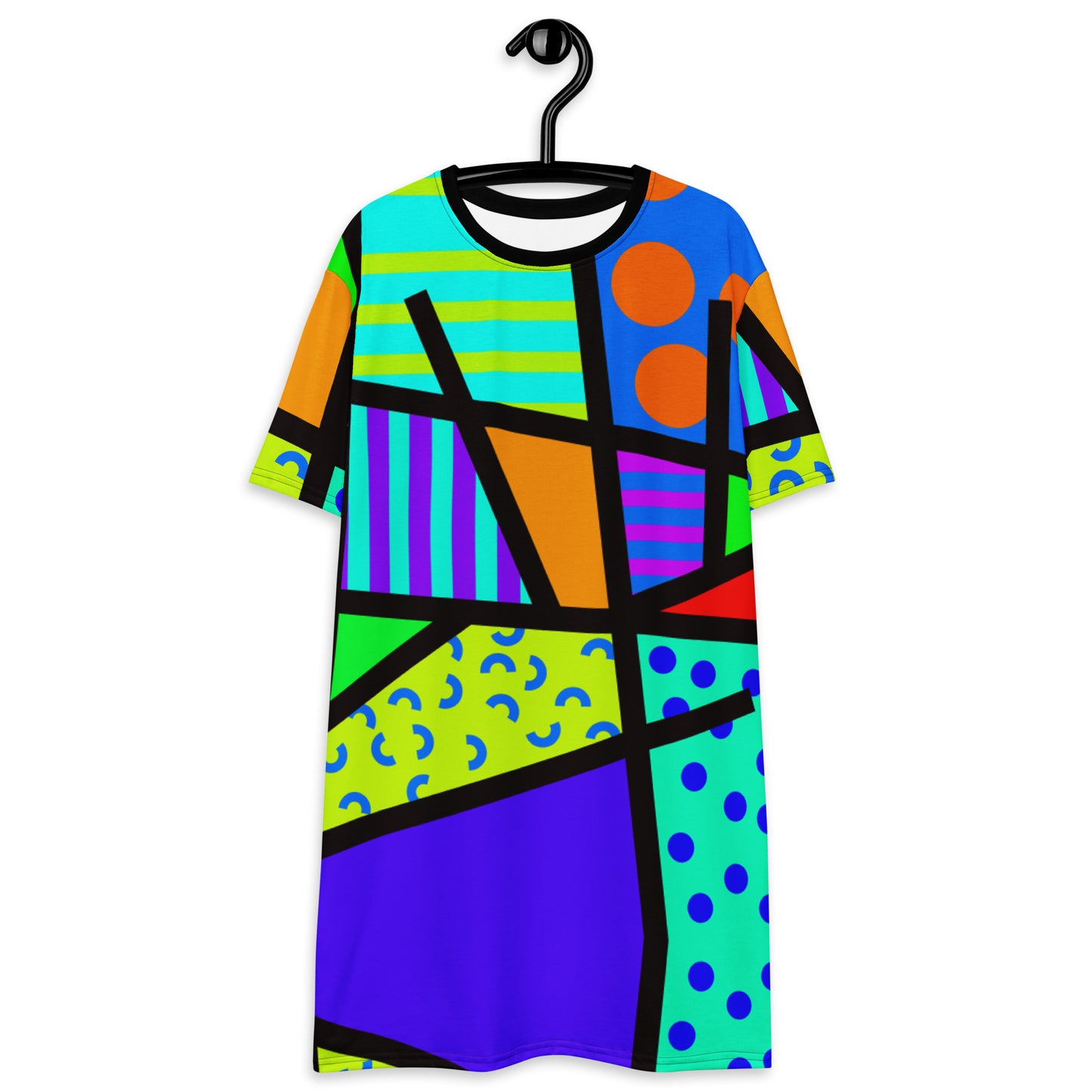 Crazy geometric patterned t-shirt dress in a Harajuku fashion style with Pop Kei, Kedeko Kei and Yume Kawaii vibes. Colorful patterns on this unique Decora Kei streetwear or otherwise night shirt fashion staple by BillingtonPix