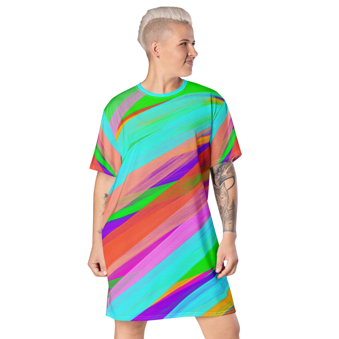 Harajuku oversize t-shirt dress in hedeko kei bright colourful paint stripes. Wearable art. Yume kawaii fashion, clubbing outfit. Stripy ravewear and clubbing outfit. Rainbowcore aesthetic