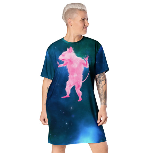 Space Rat T-shirt Dress | Funny Graphic Long Shirt Tee | Pink Pastel Punk Mouse | Celestial Animal Meme Shirt | Trending Festival Clothing