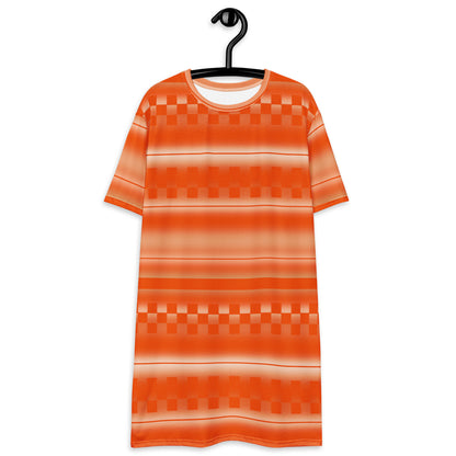 all-over print graphic t-shirt dress with an orange geometric and linear pattern