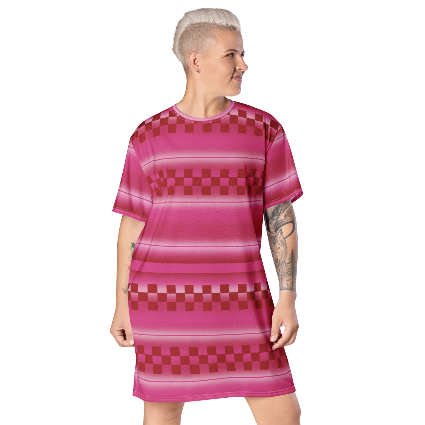 Cute all-over print graphic t-shirt dress with an cherry pink geometric and linear pattern.