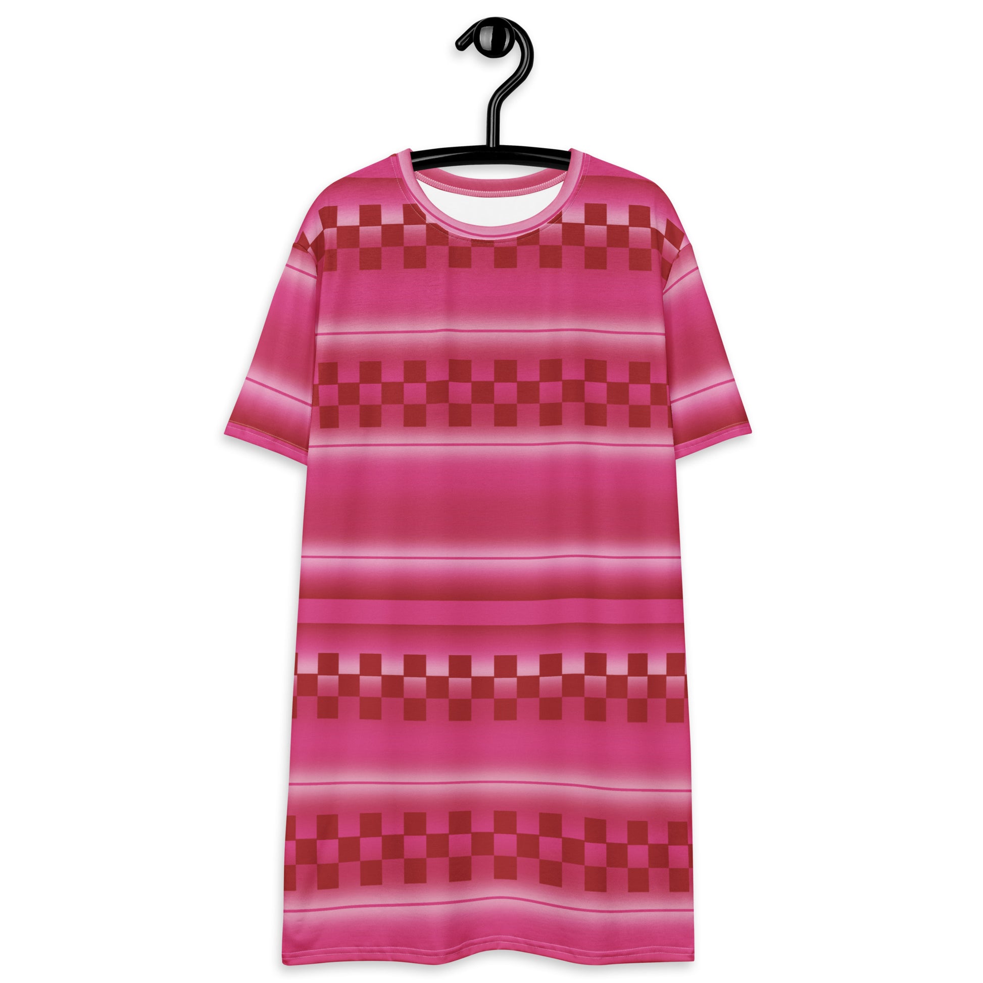 Cute all-over print graphic t-shirt dress with an cherry pink geometric and linear pattern.