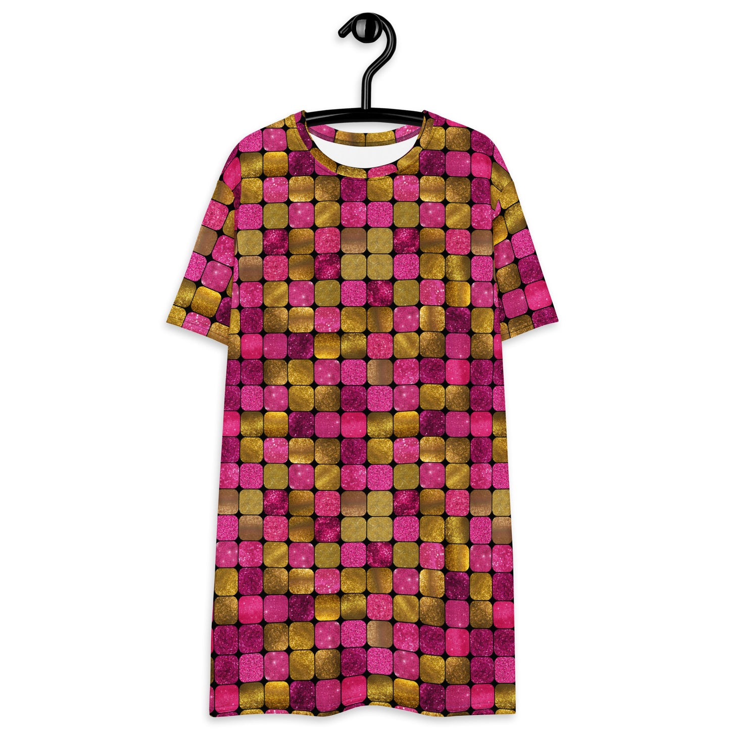 Glamorous disco style t-shirt dress with geometric pink gold glitter effect. For anyone who loves to perform and show off their unique personality. Retro style alternative fa