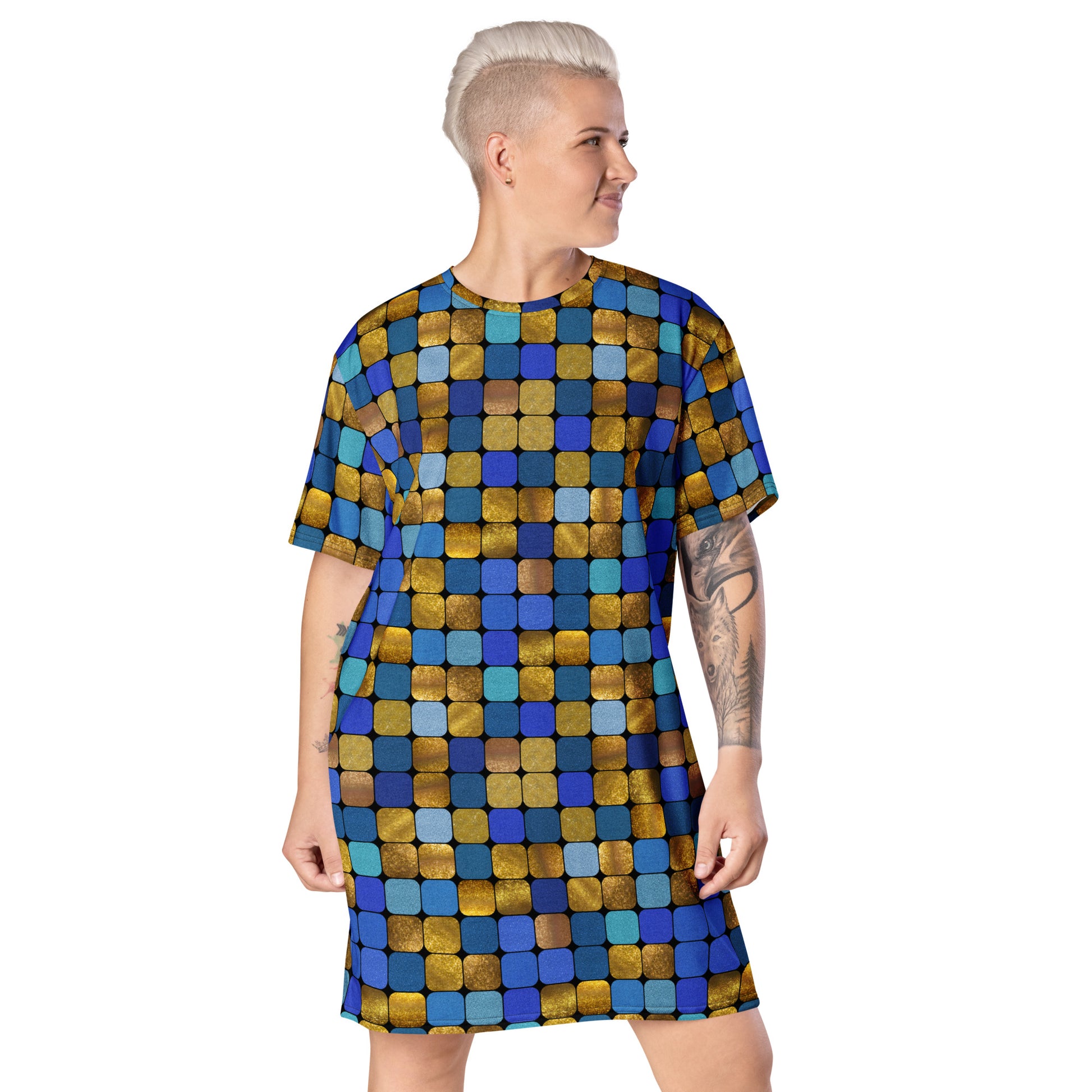 Glamorous disco style t-shirt dress with geometric blue gold glitter effect. For anyone who loves to perform and show off their unique personality. Retro style alternative fashion.