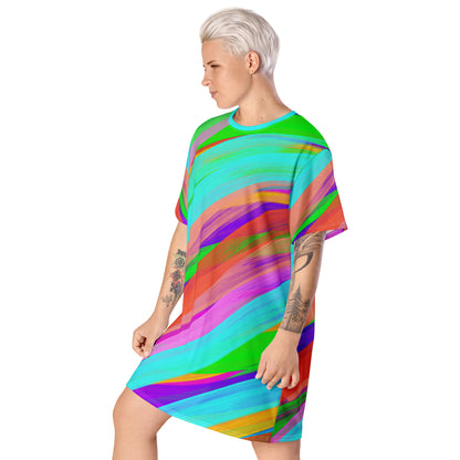 Harajuku oversize t-shirt dress in hedeko kei bright colourful paint stripes. Wearable art. Yume kawaii fashion, clubbing outfit. Stripy ravewear and clubbing outfit. Rainbowcore aesthetic