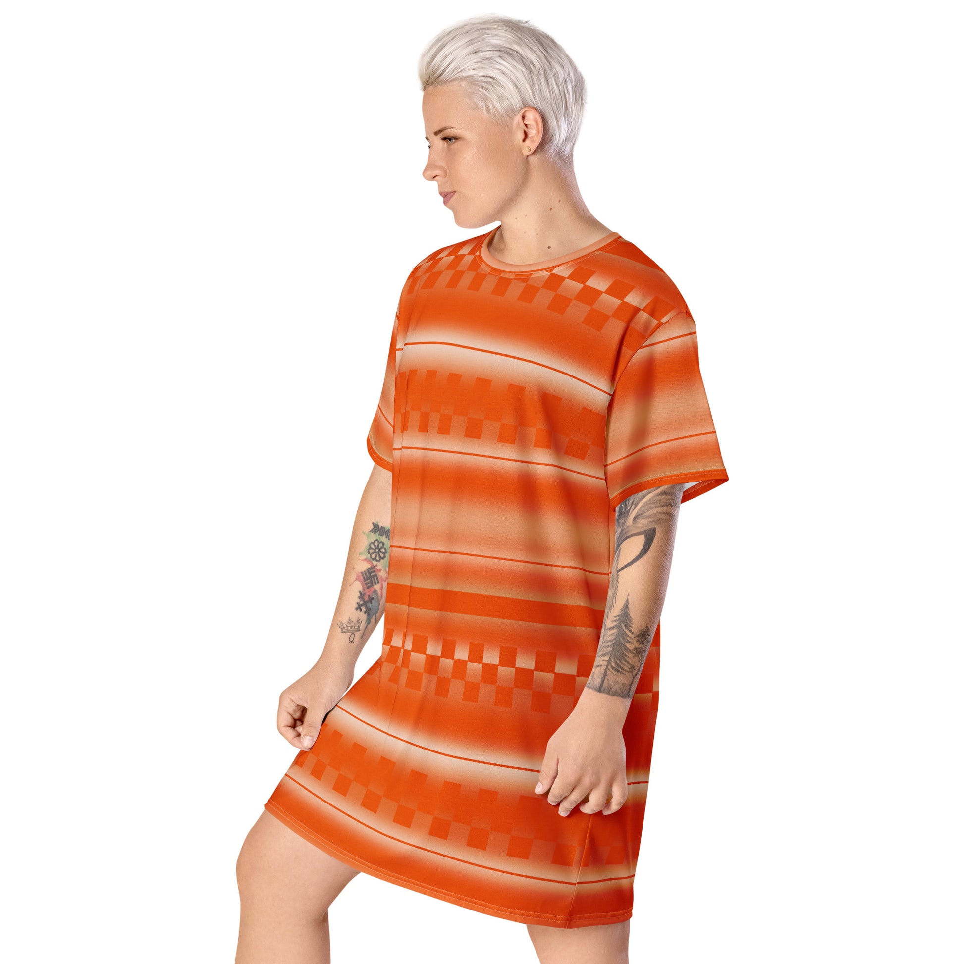 all-over print graphic t-shirt dress with an orange geometric and linear pattern