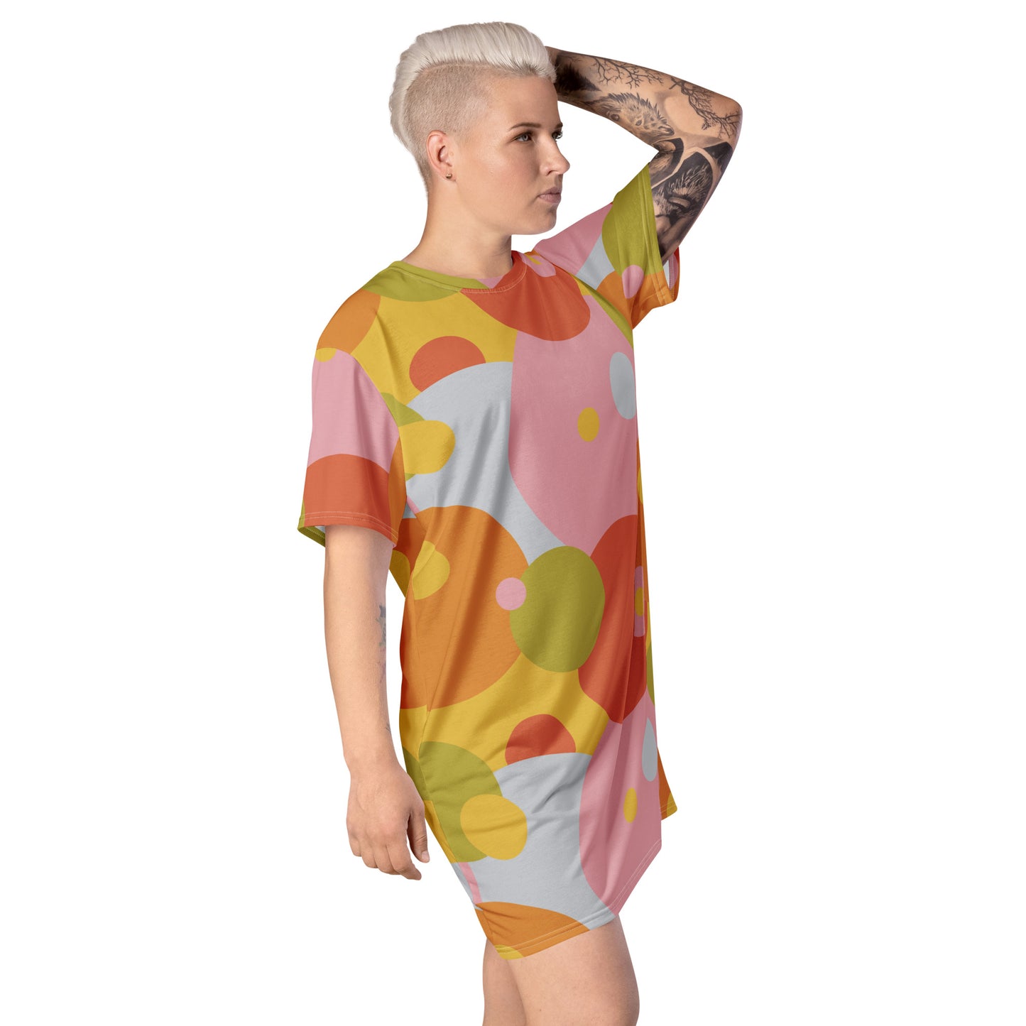 Retro Groovy Patterned T-shirt Dress | 60s 70s Style Abstract Circular Summer Fashion | Harajuku Pastel Punk Alt JFashion. Soft pastel punk geometric circles all over print design shirt dress in bold fun summer vibes. Circular 2D 80s Memphis style.