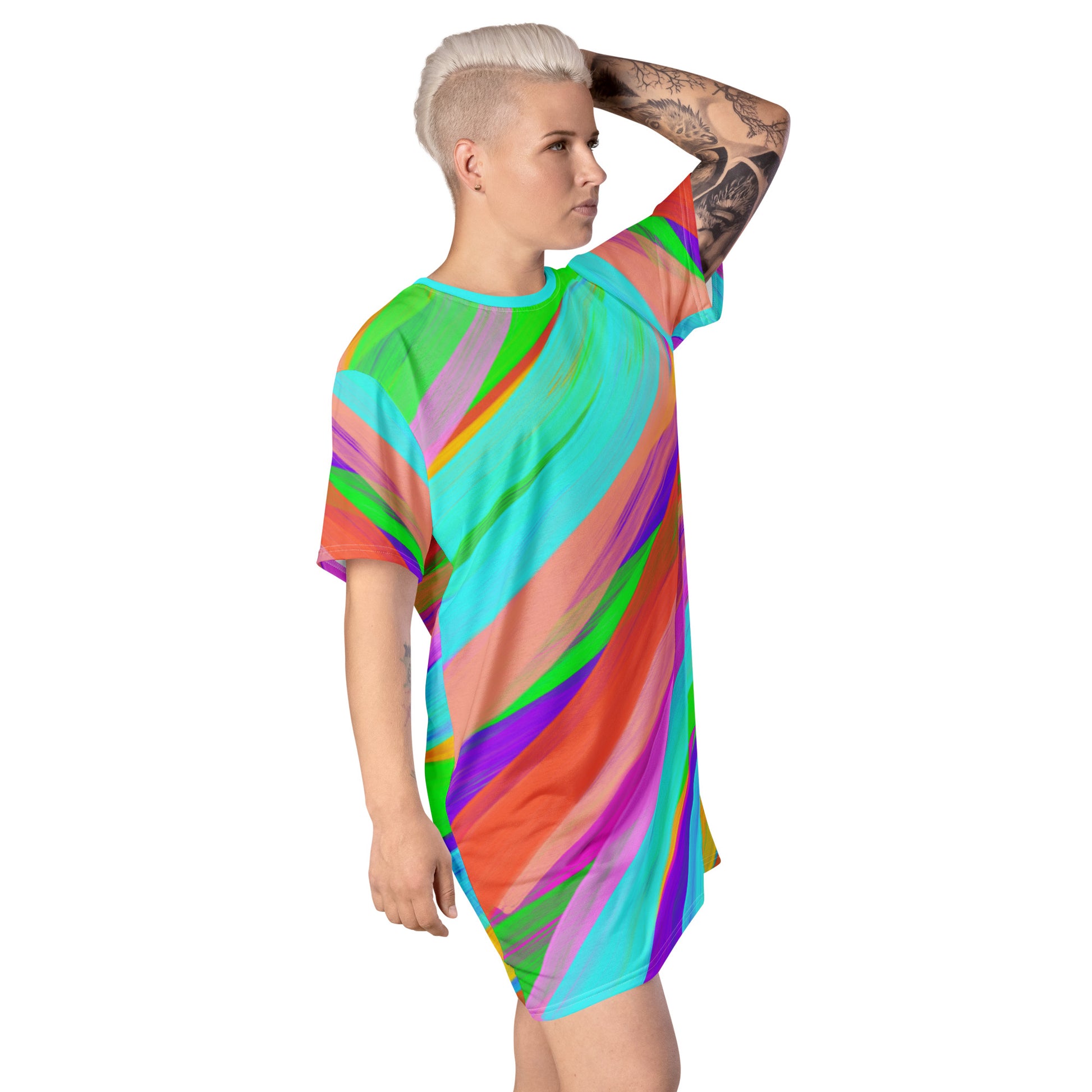 Harajuku oversize t-shirt dress in hedeko kei bright colourful paint stripes. Wearable art. Yume kawaii fashion, clubbing outfit. Stripy ravewear and clubbing outfit. Rainbowcore aesthetic