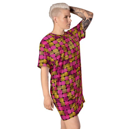 Glamorous disco style t-shirt dress with geometric pink gold glitter effect. For anyone who loves to perform and show off their unique personality. Retro style alternative fa