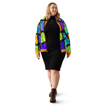 Unisex bomber jacket in vibrant geometric design. Rainbow colors with long sleeves, front zipper, orange collar and cuffs.