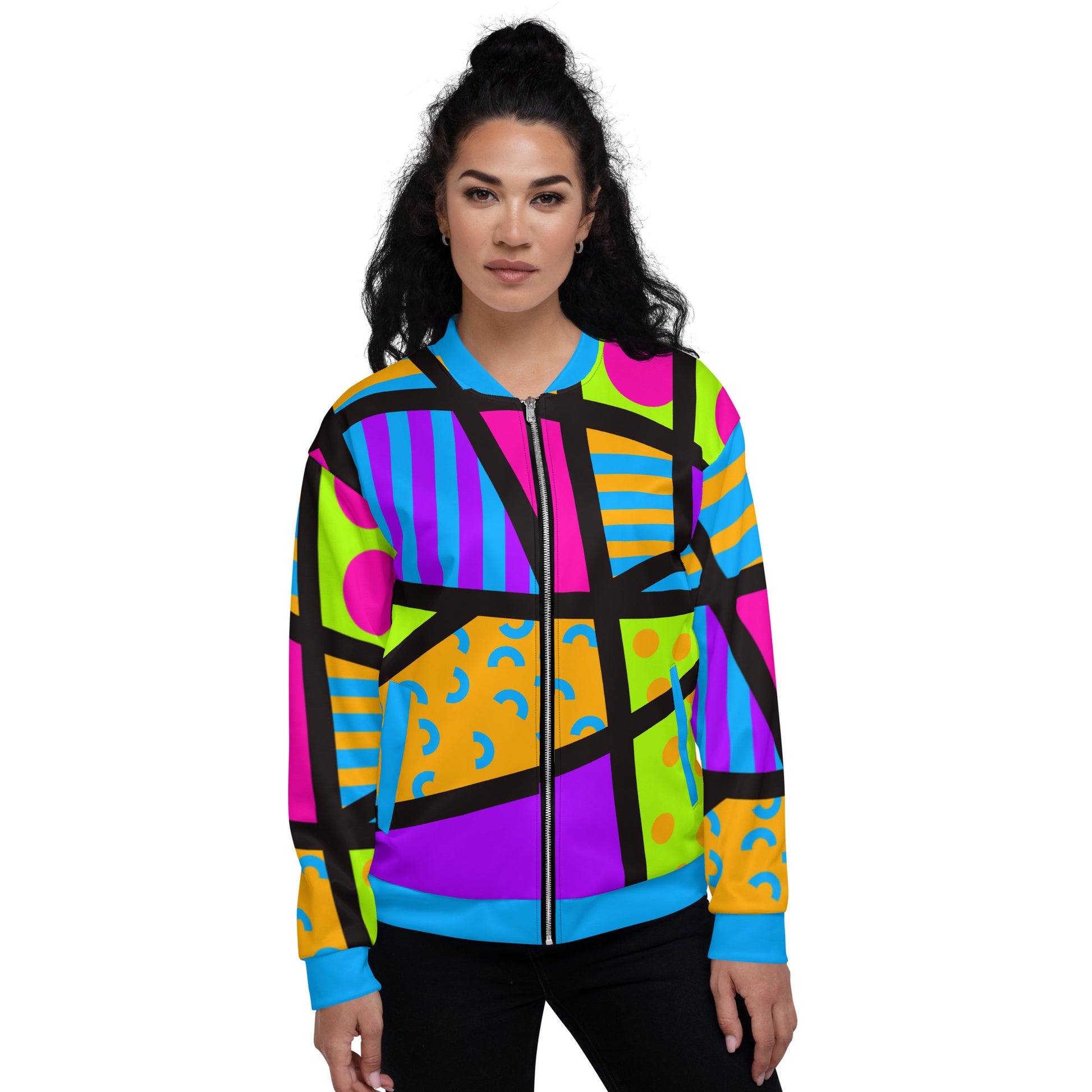 Unisex bomber jacket in vibrant geometric design. Popping colors with long sleeves, front zipper, blue color and cuffs.