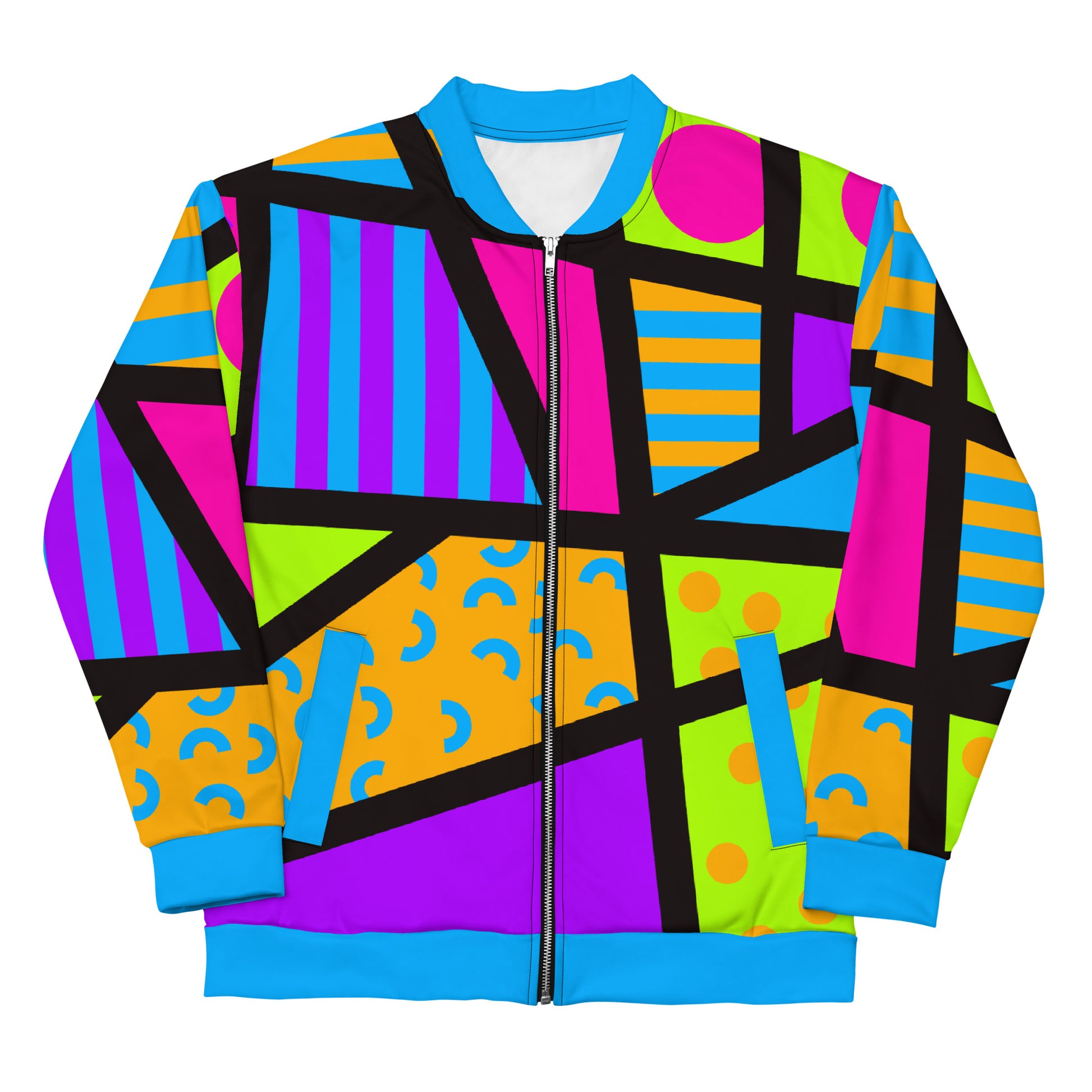 Unisex bomber jacket in vibrant geometric design. Popping colors with long sleeves, front zipper, blue collar and cuffs.