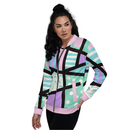 Unisex bomber jacket in vibrant geometric design. Pastel colors with long sleeves, front zipper, pink collar and cuffs.