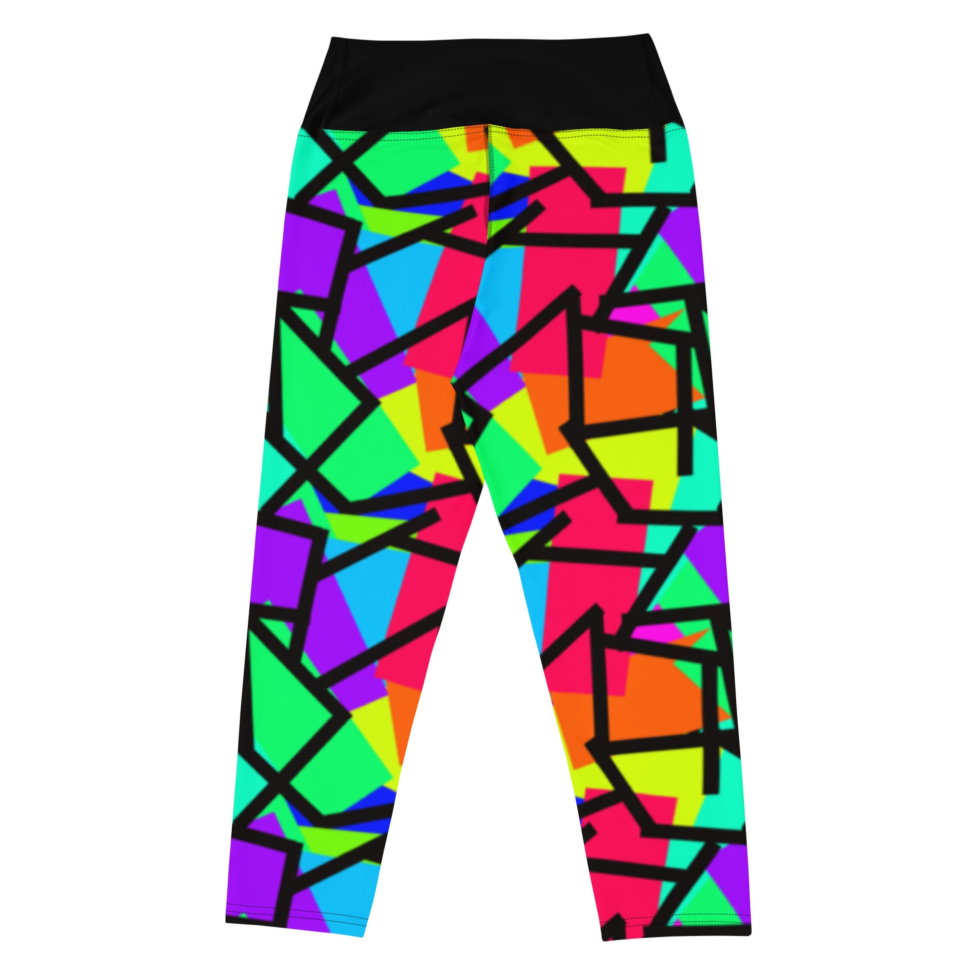 Harajuku Yume Kawaii womens yoga capri leggings in brightly coloured Pop Kei 80s Memphis design in red, orange, green, purple, yellow and turquoise geometric shapes and a black zigzag overlay on these neon funky running tights for women. High waist.