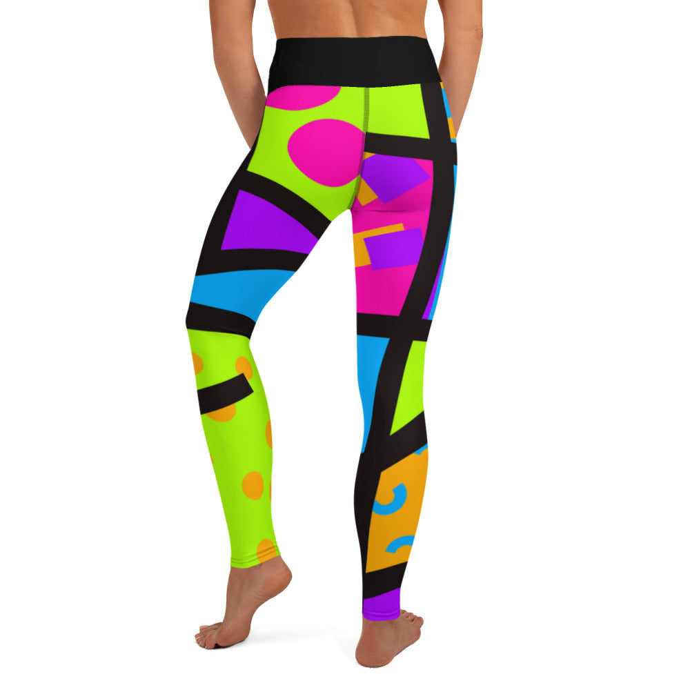 Colorful yoga leggings for women with a ankle length leg and black high waistband. Geometric shapes and pattern in a Harajuku and 80s Memphis style print. These yami kawaii printed workout leggings are beautifully designed in cerise pink, purple and lime green.