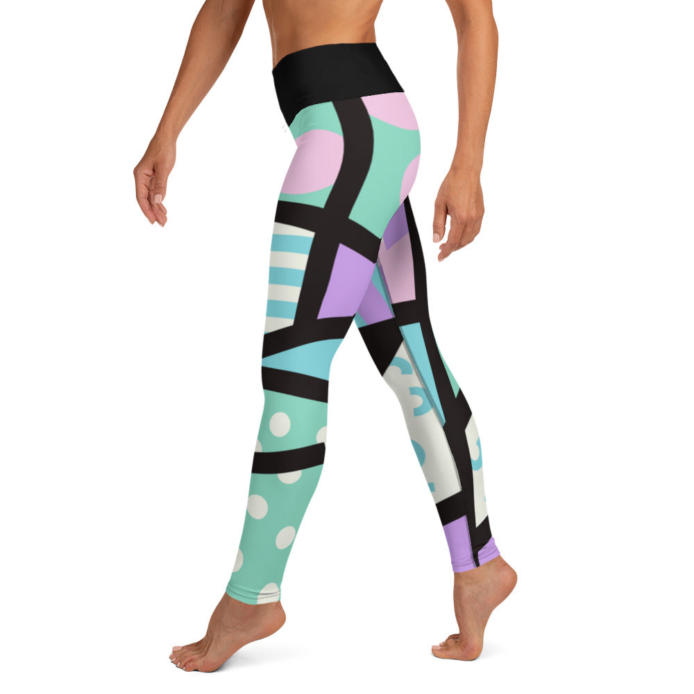 Colorful yoga leggings for women with a ankle length leg and black high waistband. Geometric shapes and pattern in a Harajuku and 80s Memphis style print. These yami kawaii printed workout leggings are beautifully designed in pastel pink, purple and green.