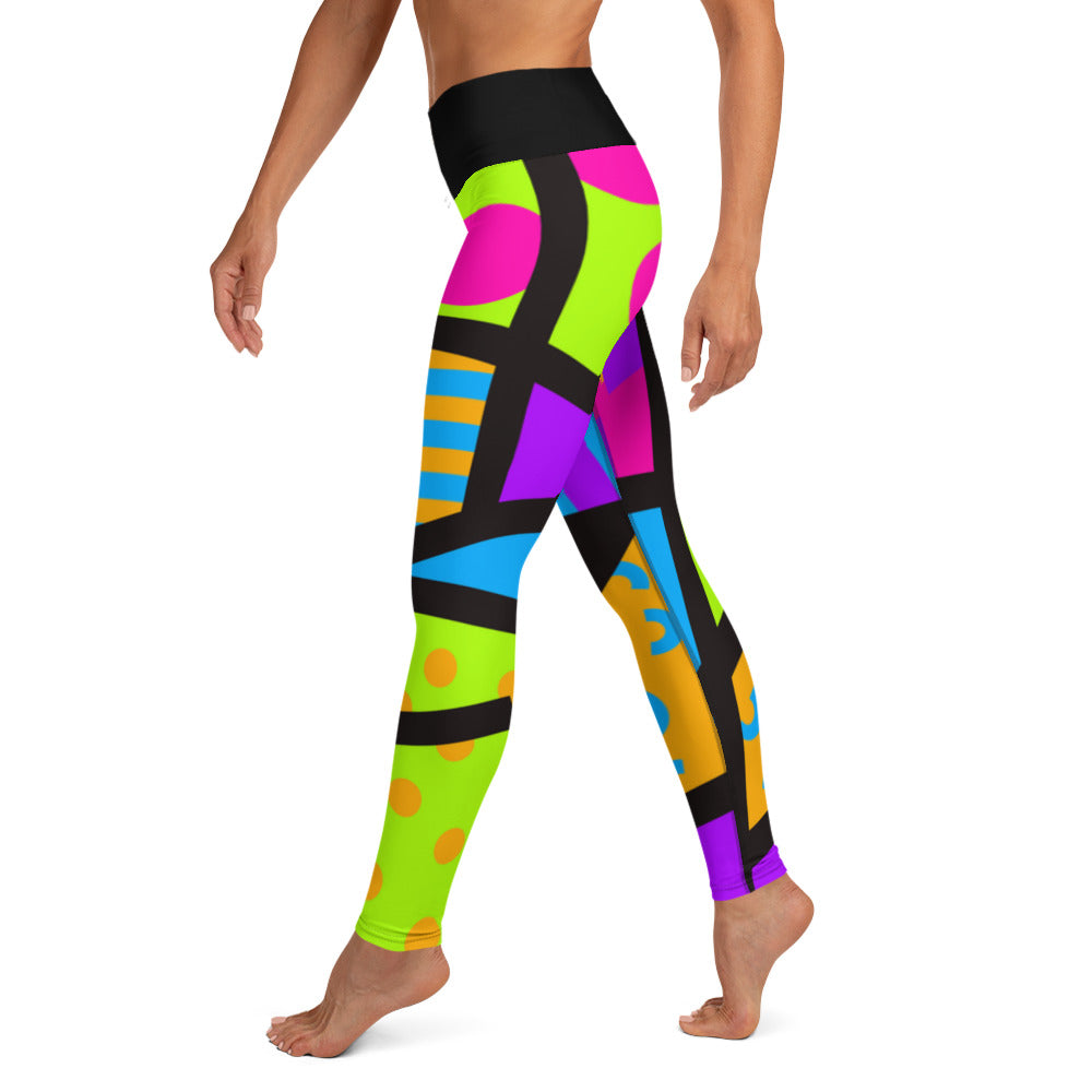 Colorful yoga leggings for women with a ankle length leg and black high waistband. Geometric shapes and pattern in a Harajuku and 80s Memphis style print. These yami kawaii printed workout leggings are beautifully designed in cerise pink, purple and lime green.