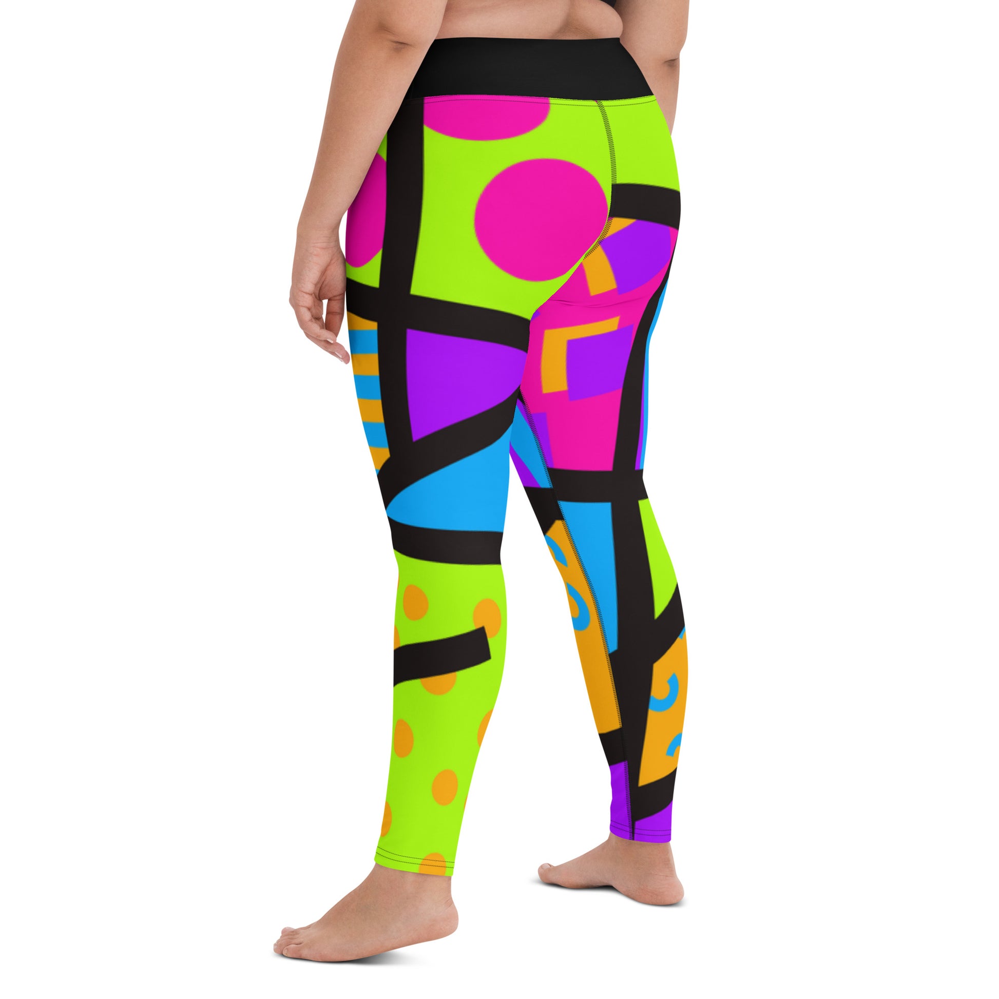 Colorful yoga leggings for women with a ankle length leg and black high waistband. Geometric shapes and pattern in a Harajuku and 80s Memphis style print. These yami kawaii printed workout leggings are beautifully designed in cerise pink, purple and lime green.