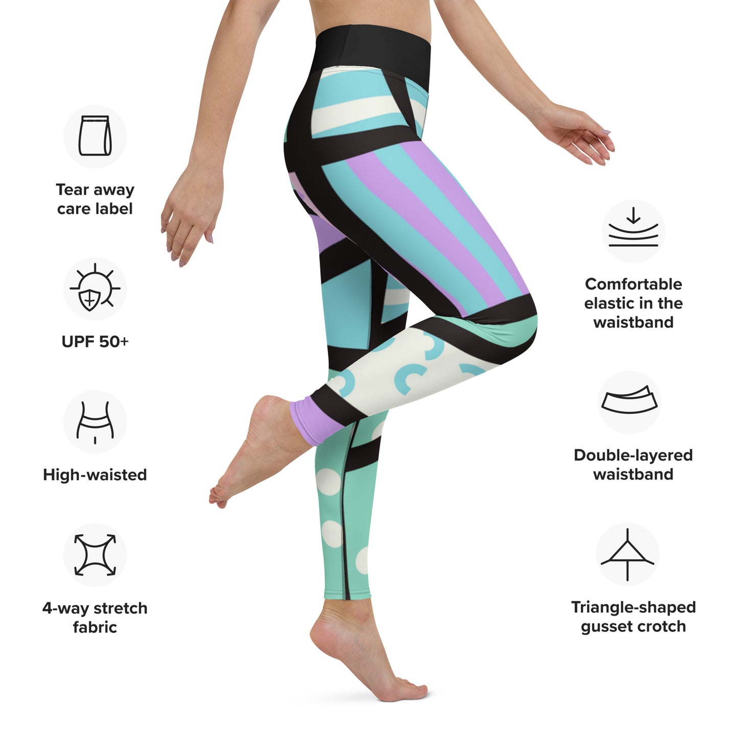 Colorful yoga leggings for women with a ankle length leg and black high waistband. Geometric shapes and pattern in a Harajuku and 80s Memphis style print. These yami kawaii printed workout leggings are beautifully designed in pastel pink, purple and green.