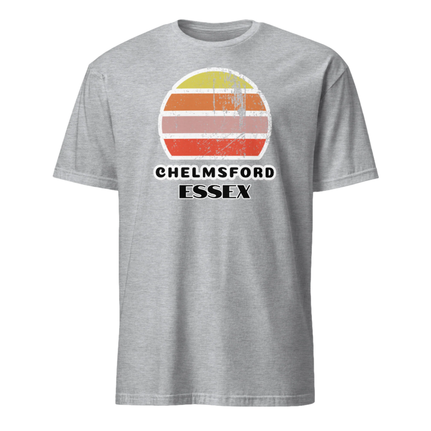 Vintage distressed style retro sunset in yellow, orange, pink and scarlet with the Essex neighbourhood of Chelmsford outlined beneath on this sport grey cotton t-shirt