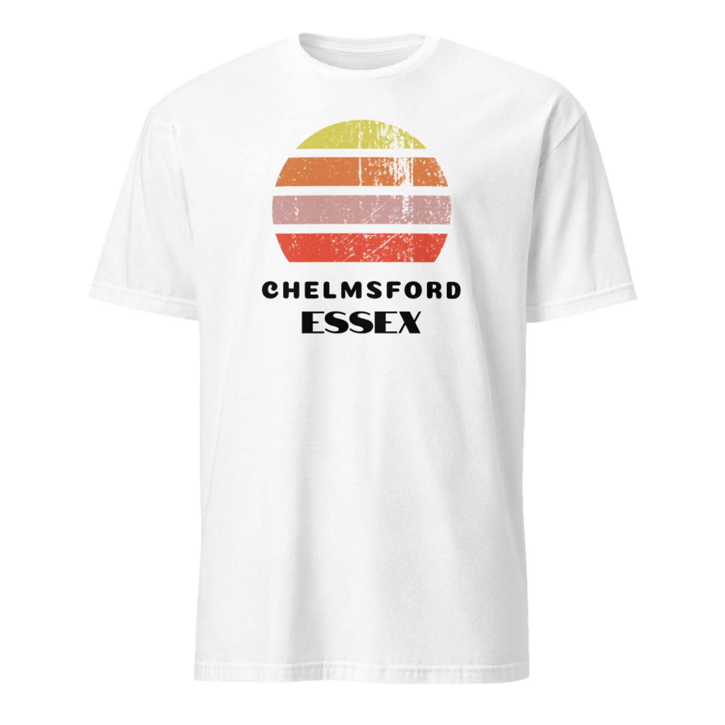 Vintage distressed style retro sunset in yellow, orange, pink and scarlet with the Essex neighbourhood of Chelmsford outlined beneath on this white cotton t-shirt